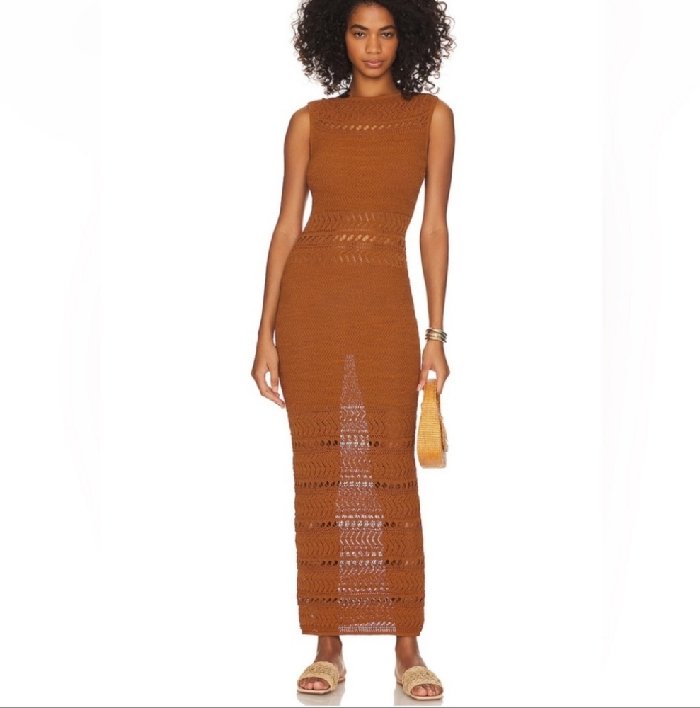 La'Academie Yelina Open Stitch Knit Maxi Dress Rust Revolve Bodycon Women Size M